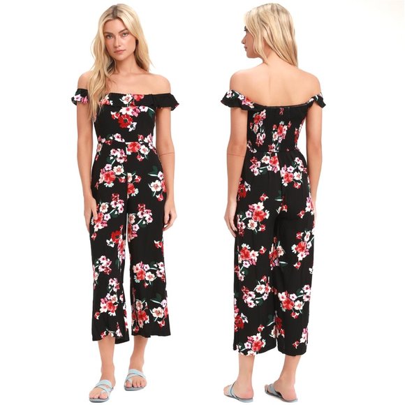 NWT Lulu's Pretty Petals Black Floral Print Culotte Jumpsuit - Picture 3 of 16